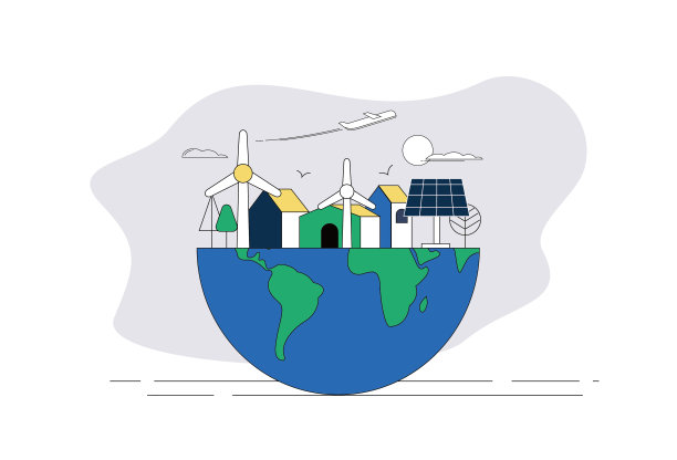 风力涡轮机，地球，光伏板。节能、新能源环保概念图。图片下载
