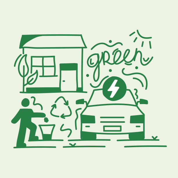 绿色能源，碳中和生态系统。手绘简约时尚的设计。我们必须为我们的世界保护绿色。循环利用的重要性，人们的环保意识和保护意识。图片下载