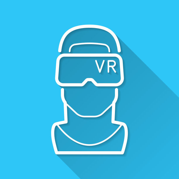 带着虚拟现实头盔的人-虚拟现实。图标在蓝色背景-平面设计与长阴影图片下载