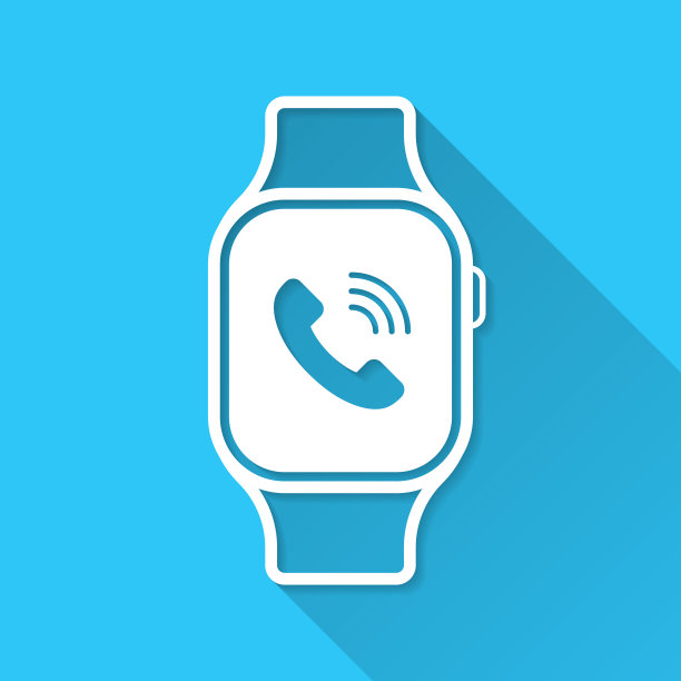 智能手表与来电。图标在蓝色背景-平面设计与长阴影图片下载