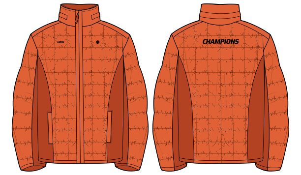 绗缝羽绒卷草绝缘夹克设计平面草图插图，羽绒羽绒救生衣拉链前后视图，冬季夹克的男人和女人。为了训练，冬天跑步。图片下载