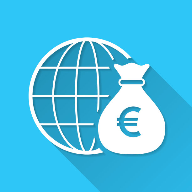 欧元在世界范围内。图标在蓝色背景-平面设计与长阴影图片下载