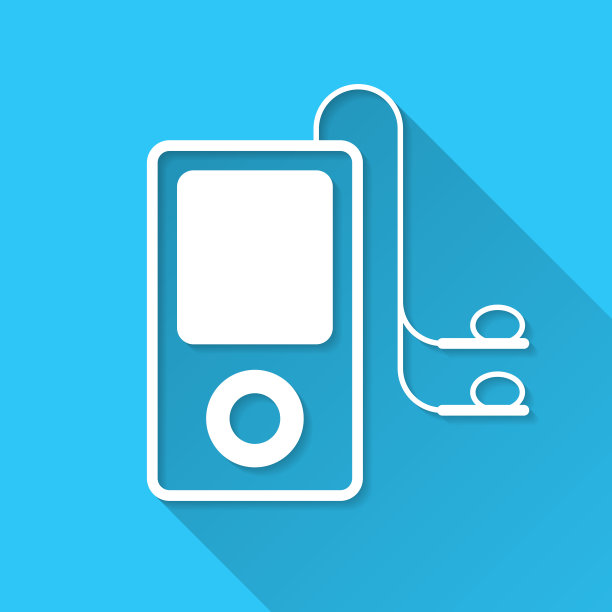 Mp3播放器和耳机。图标在蓝色背景-平面设计与长阴影图片下载