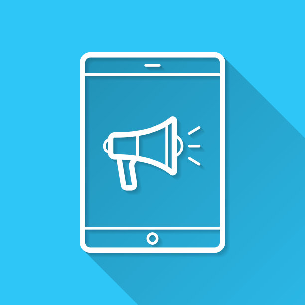 带扩音器的平板电脑。图标在蓝色背景-平面设计与长阴影图片下载