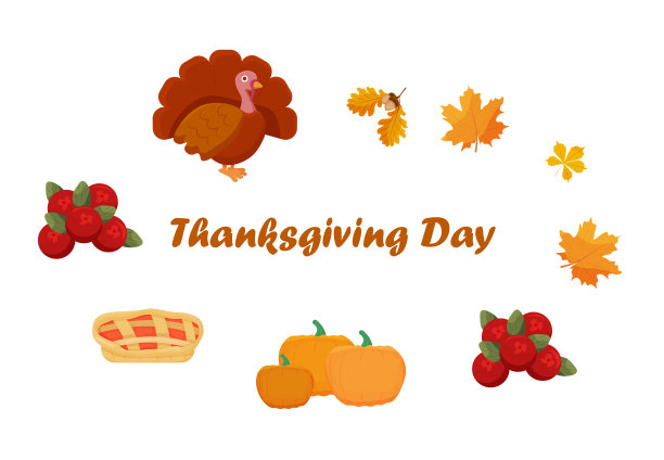 感恩节快乐。一组感恩节的图片。火鸡，南瓜，树叶，馅饼，蔓越莓。秋天的模板。矢量插图。图片下载