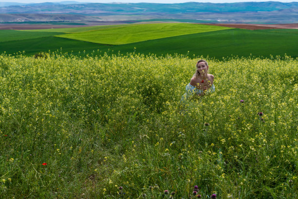 春天田野里的快乐年轻女子图片下载