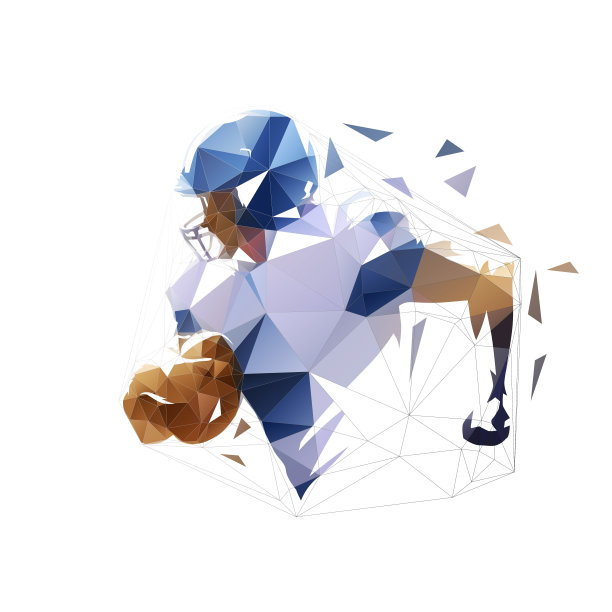 美国足球运动员跑与球，低多边形孤立向量插图图片下载