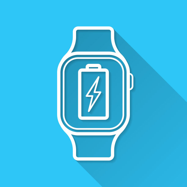 智能手表与电池充电标志。图标在蓝色背景-平面设计与长阴影图片下载