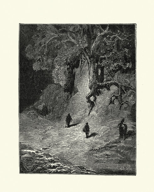 骑士们穿越黑暗的森林，中世纪的幻想图片下载