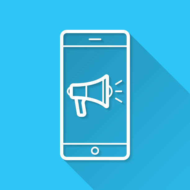 带扩音器的智能手机。图标在蓝色背景-平面设计与长阴影图片下载
