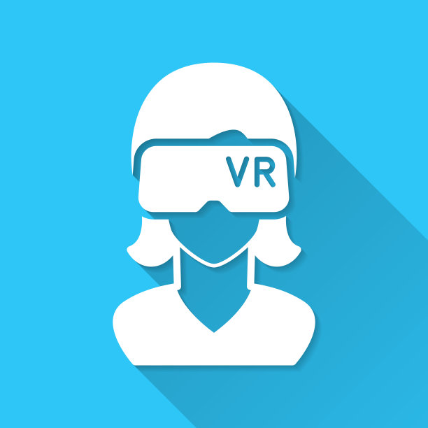 戴着虚拟现实头盔的女人-虚拟现实。图标在蓝色背景-平面设计与长阴影图片下载