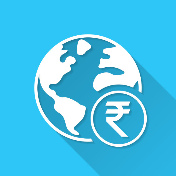 地球上有印度卢比标志。图标在蓝色背景-平面设计与长阴影图片下载
