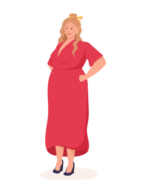 矢量插图的一个站着的年轻超重时尚的女人在一条裙子。图片下载