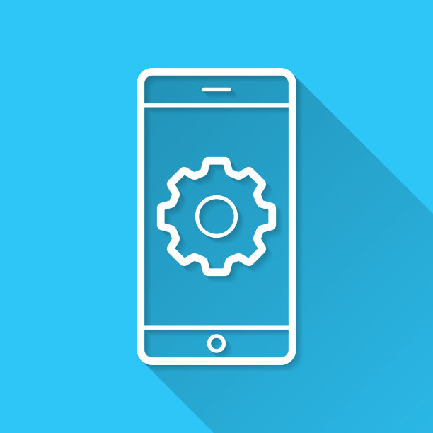 智能手机设置-齿轮。图标在蓝色背景-平面设计与长阴影图片下载