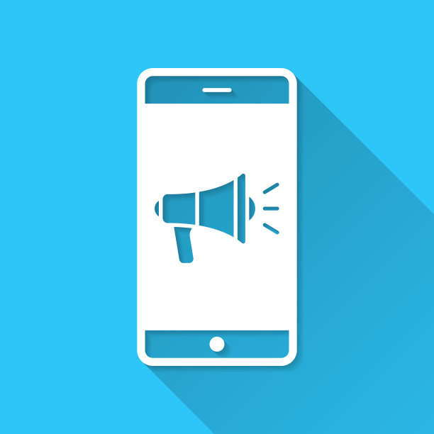 带扩音器的智能手机。图标在蓝色背景-平面设计与长阴影图片下载