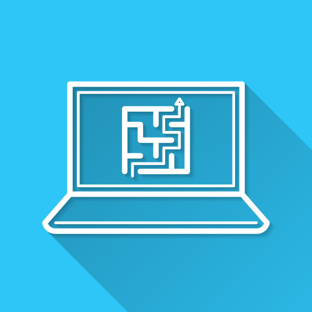 带迷宫的笔记本电脑。图标在蓝色背景-平面设计与长阴影图片下载