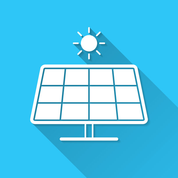 带有太阳的太阳能电池板。图标在蓝色背景-平面设计与长阴影图片下载