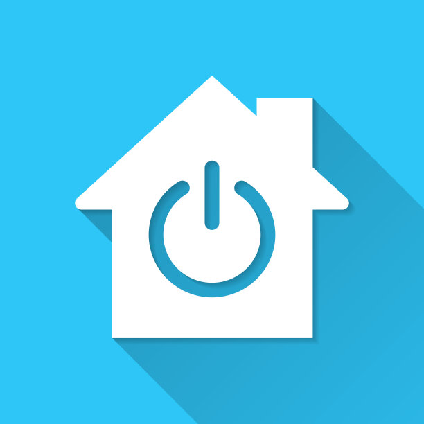 智能家居-带有电源按钮的房子。图标在蓝色背景-平面设计与长阴影图片下载