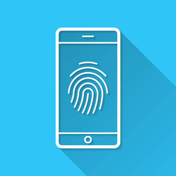 有指纹的智能手机。图标在蓝色背景-平面设计与长阴影图片下载