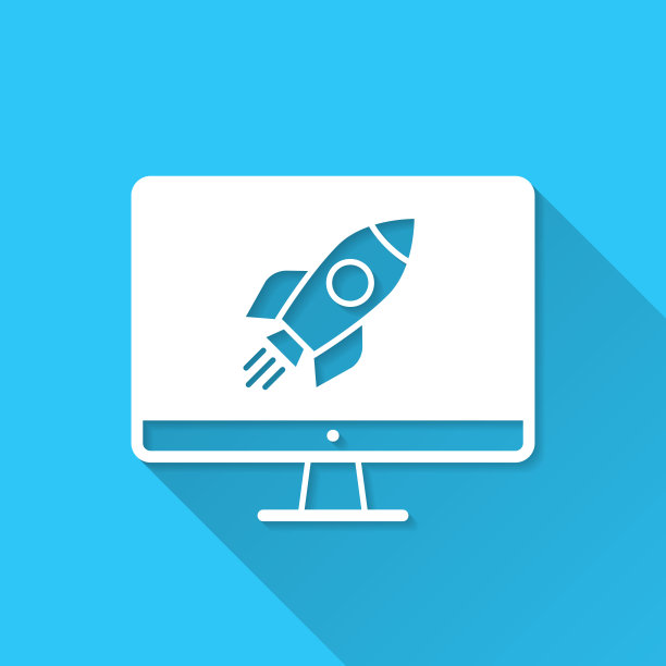 台式电脑用火箭。图标在蓝色背景-平面设计与长阴影图片下载