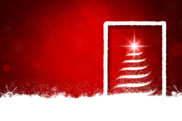 水平圣诞背景的一个3d神奇的圣诞树与弯曲螺旋波浪线在充满活力的红色栗色框架与白色对比的雪底和雪花和矩形框架图片下载