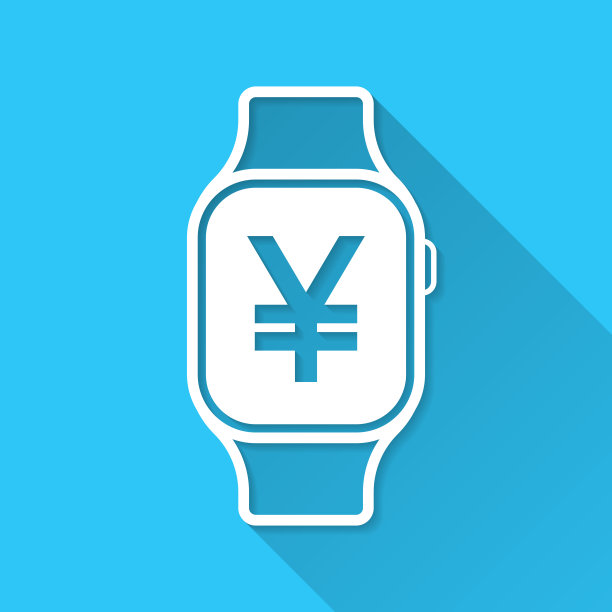 智能手表与日元标志。图标在蓝色背景-平面设计与长阴影图片下载