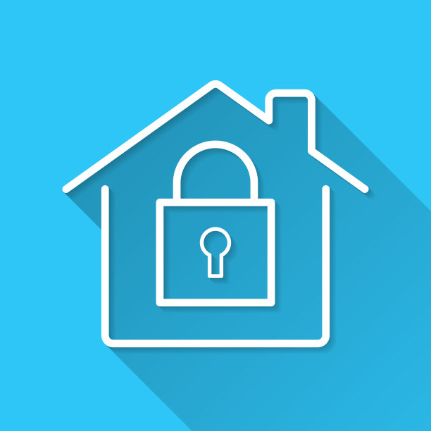 家庭安全-房子有挂锁。图标在蓝色背景-平面设计与长阴影图片下载