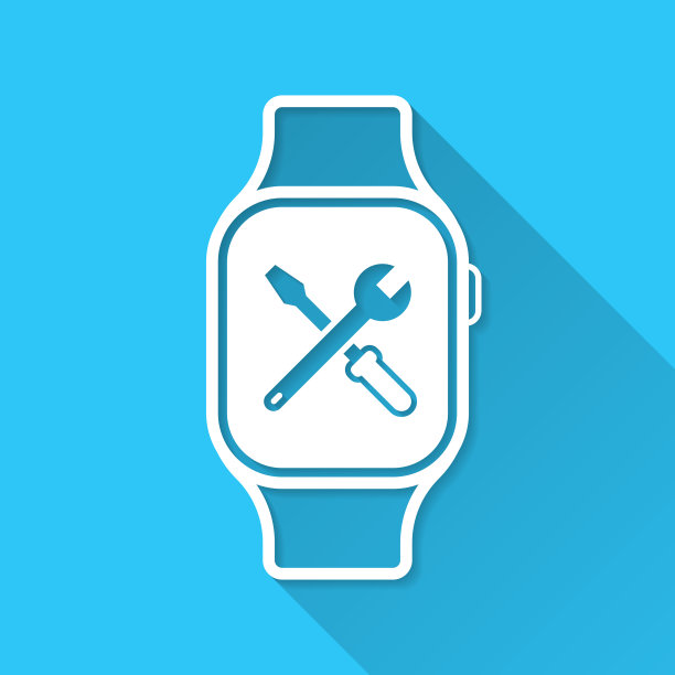 智能手表设置-工具。图标在蓝色背景-平面设计与长阴影图片下载