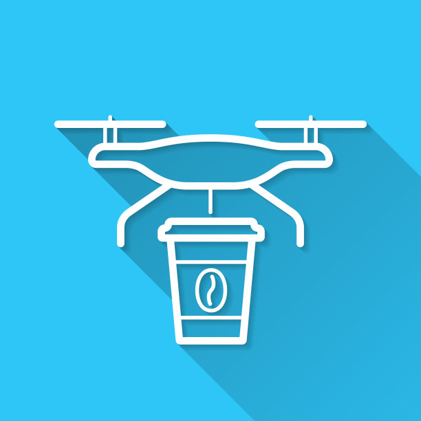 送咖啡的外卖无人机。图标在蓝色背景-平面设计与长阴影图片下载