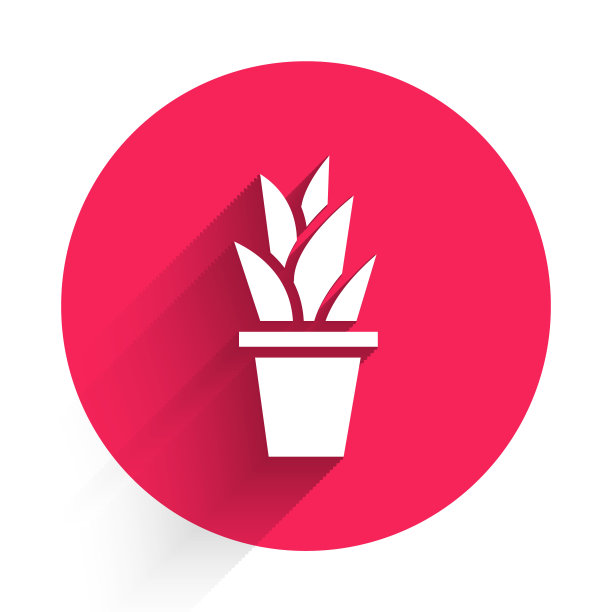 白色植物在盆图标孤立与长阴影。盆栽植物。盆栽植物标志。红色圆圈按钮。矢量图图片下载