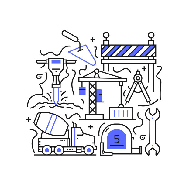 建设。设计是可编辑的，颜色可以改变。矢量创意图标集:建筑，蓝图，水泥搅拌机，手提钻，起重机建筑图片下载
