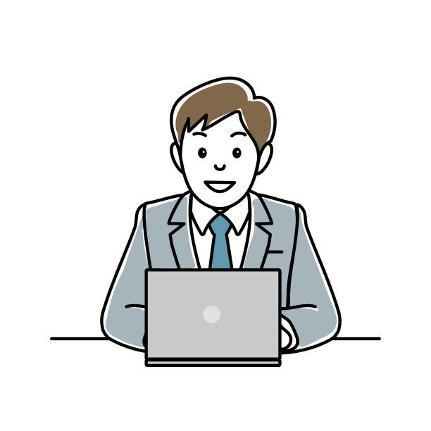 一个带着微笑操作个人电脑的西装男，矢量插图图片下载