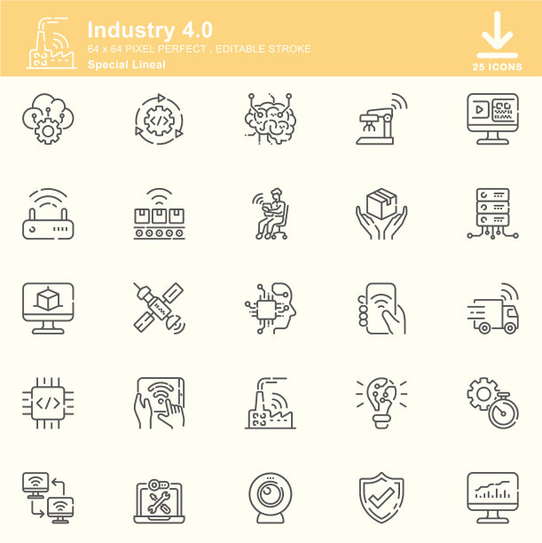 工业4.0线性图标，可编辑笔画，64x64像素完美图片下载