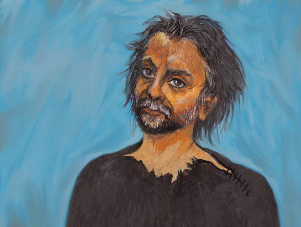 时尚的插图现代艺术作品我的原始油画在画布上印象派水平男性肖像的东方圣人所罗门有长长的黑发和胡子在黑色禁欲的旧衣服图片下载