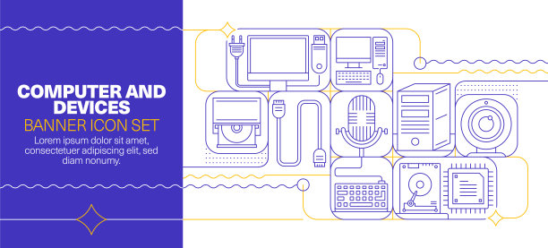 计算机和设备线图标集和横幅设计图片下载