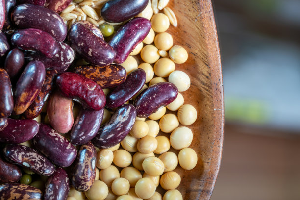 木桌上摆放不同的豆类谷物图片下载