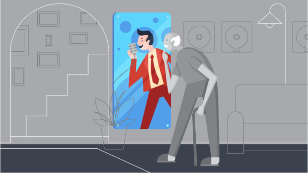 老人对着镜子看着自己的青春图片下载