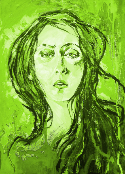 插图油画女人肖像与飞扬的头发在明亮的对比背景在绿色调图片下载