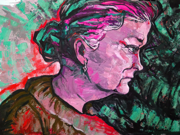 插画油画肖像女人的侧面与长头发和光滑的发型与珠宝在她的耳朵在晚上的天空的背景图片下载