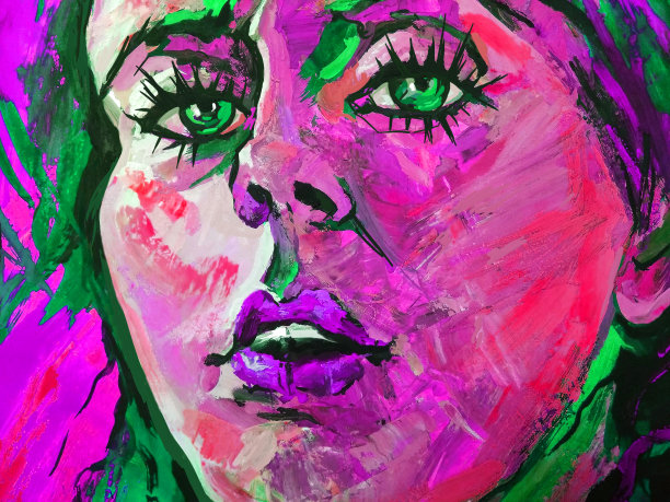 插图肖像的年轻女子与明亮的嘴唇和飘动的头发在抽象的背景图片下载