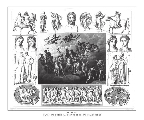古典神祗与神话人物，雕刻古玩插图，1851年出版图片下载