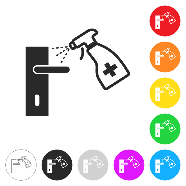 门把手消毒。按钮上不同颜色的平面图标图片下载