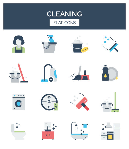 清洁相关的现代平面图标向量集合图片下载
