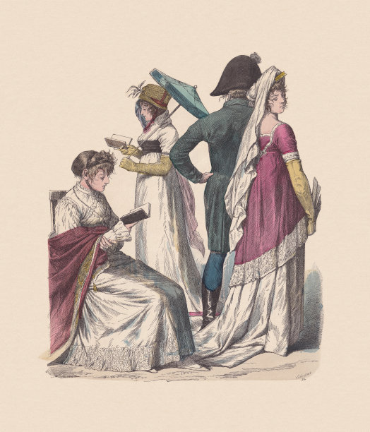 德法服饰(1802-1804)，手工着色木刻，大约1880年出版图片下载