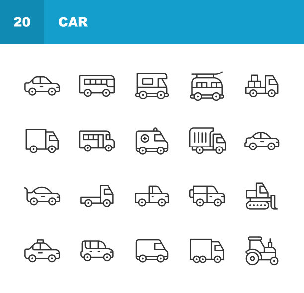 车线图标。可编辑的中风。包含这样的图标救护车，汽车，巴士，汽车，驱动器，电动汽车，发动机，混合动力，工业，物流，豪华，赛车，赛车，道路，轿车，出租车，拖拉机，交通，运输，旅行，卡车，货车，车辆，车轮。图片下载