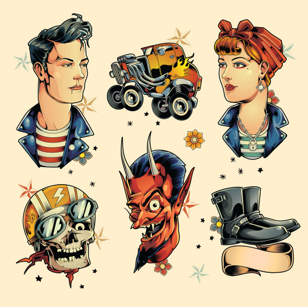 Rockabilly老派风格的纹身套装图片下载