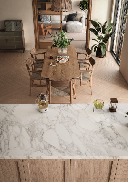 宽敞的室内设有一个厨房岛，俯瞰起居和用餐区，设有合适的水槽位置和郁郁葱葱的植物。木地板给房间增添了温暖。三维渲染图片下载