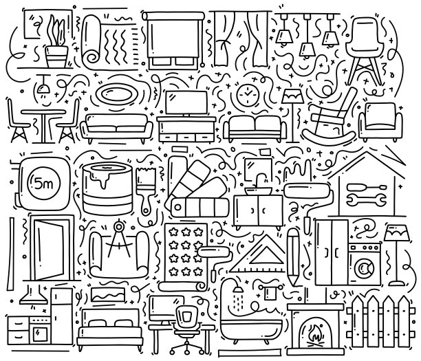 家庭装饰和室内设计相关的对象和元素。手绘矢量涂鸦插图集合。手绘图案设计图片下载