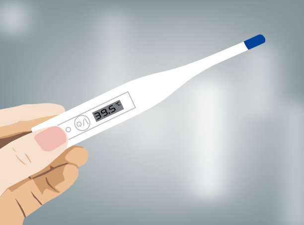 近手握温度计显示高温发热，插图。图片下载