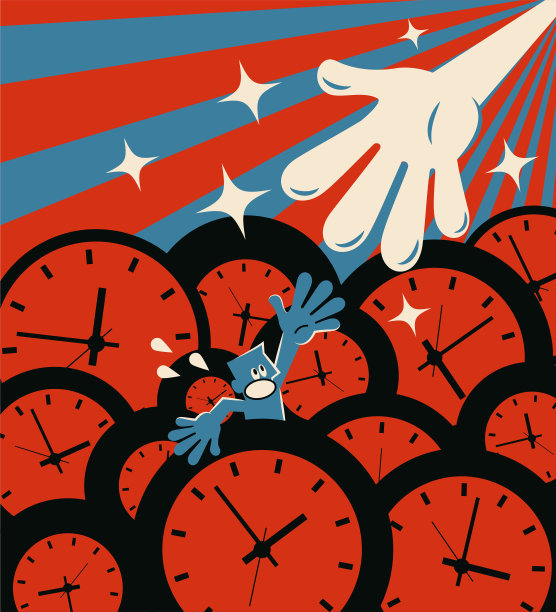 时间压力的概念，商人几乎淹没在大量的时钟从一个大手得到帮助图片下载